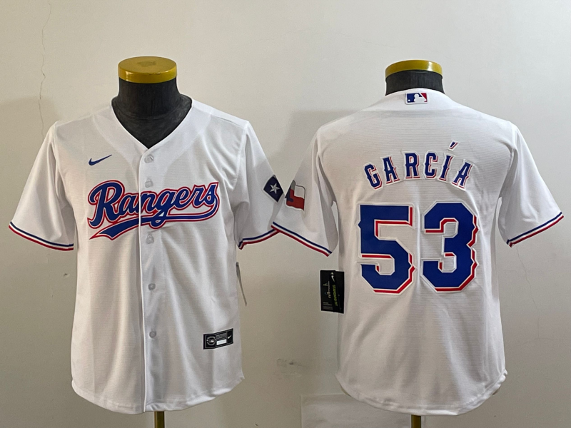 Youth Texas Rangers #53 Adolis García White With Patch Stitched Baseball Jersey Youth Texas Rangers #53 Adolis García White With Patch Stitched Baseball Jersey